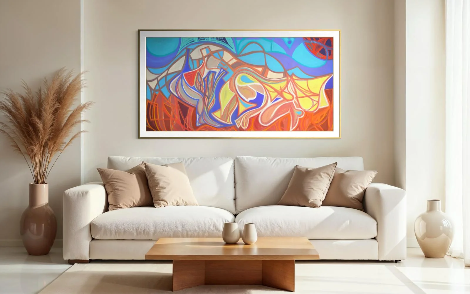 Intimacy Eclipso, a framed limited edition print of an abstract pastel by Ian James Roche, hanging above a white sofa in a bright living room