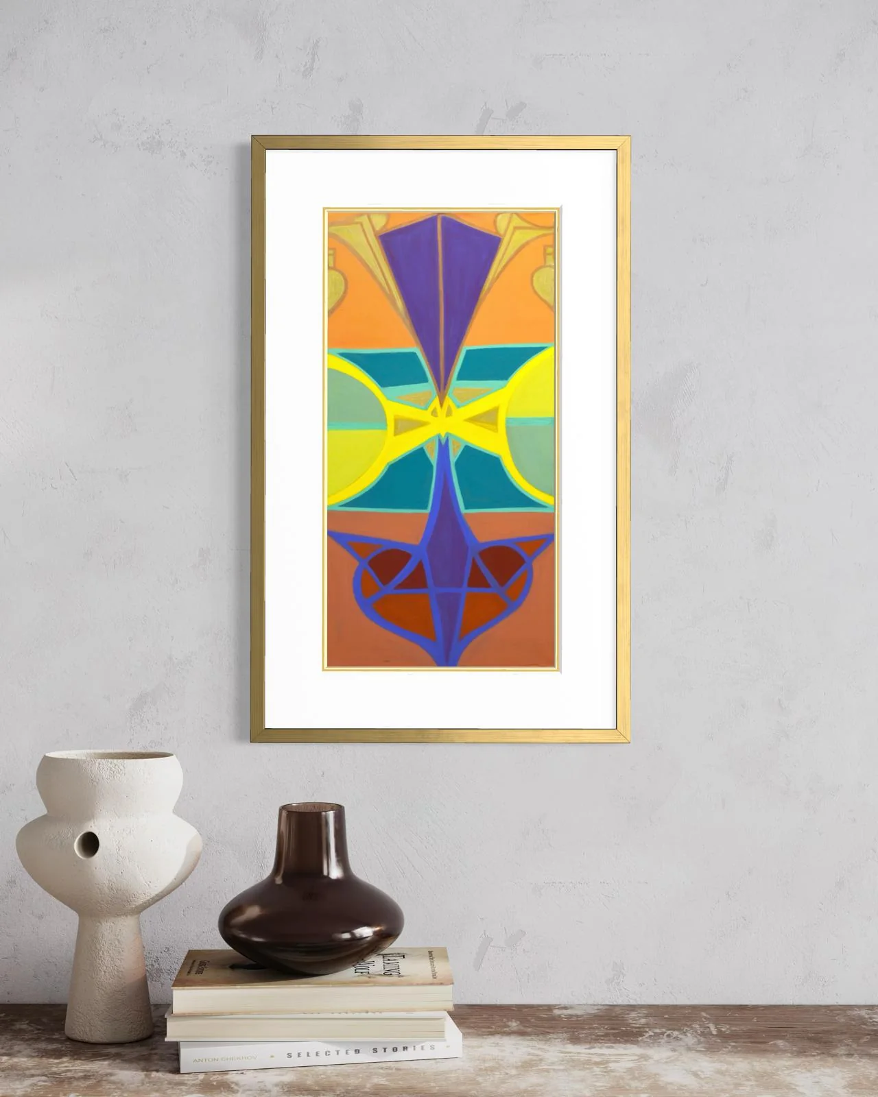 Worthy, a framed limited edition print of a symmetrical abstract pastel in orange, violet and yellow by Ian James Roche